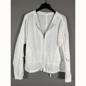 Eileen Fisher Jacket M Organic Linen‎ Full Zip Roll Tab Sleeves Cinch Waist